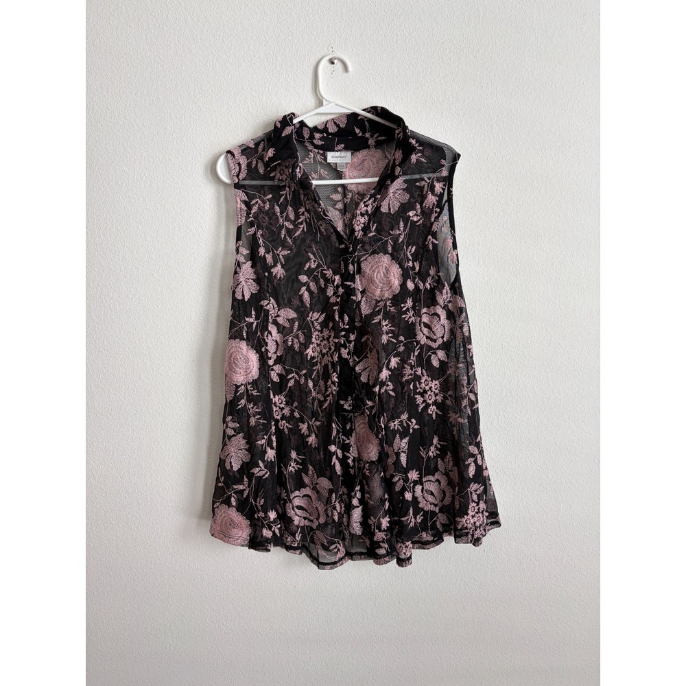 Avenue Blouse Top Womens 14/16 Black Pink Floral Mesh Sleeveless Button Front